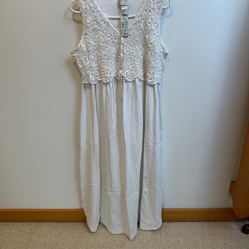 Jasmine Rose White Cotton Crochet Lace Empire Waist Nightgown L NWT Cottagecore